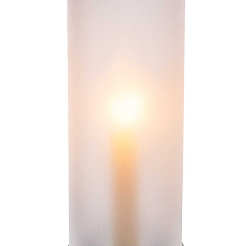 solstice frosted glass hurricane lamp and candle-holder - with dinner candle (alight).