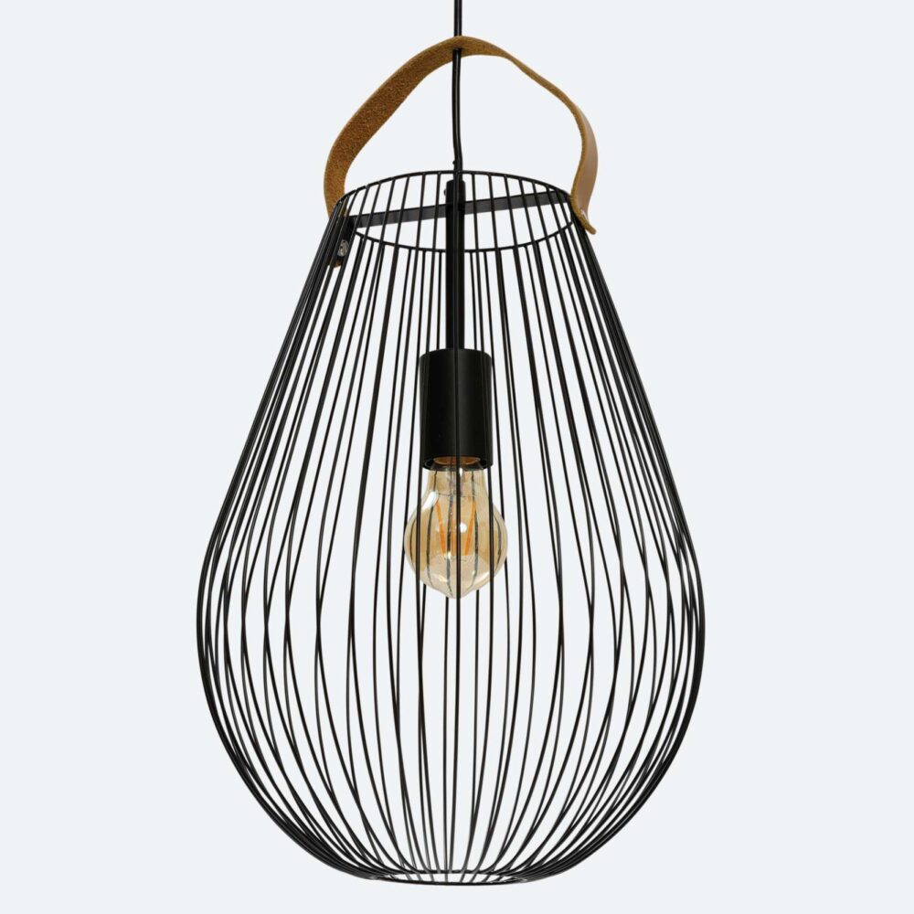 Cage large hanging shade - black metal lamp with leather handle.