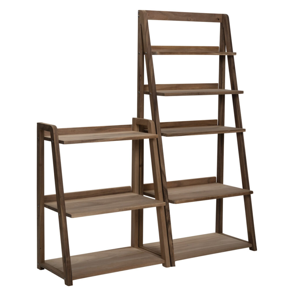 Totem wooden shelf units - tall and low shelf unit used together to create a series