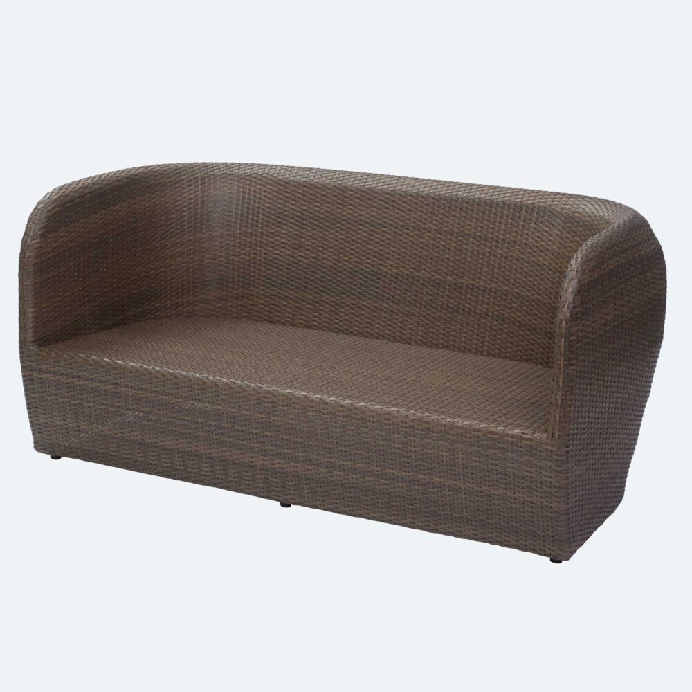 Tubby outdoor sofa woven in summergrass weave. The comfortable looking sofa is in a curved contemporary style and is woven in a brown coloured weave.