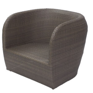 tubby outdoor armchair in summergrass weave. A curved contemporary armchair in a brown synthetic weave.