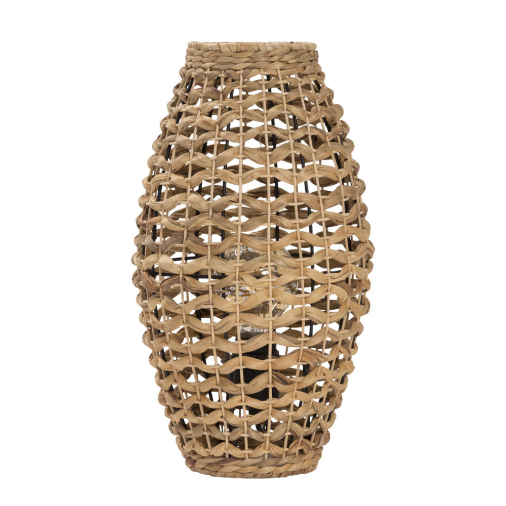 Rabat woven table lamp in a shade-less elliptical design. Woven in water hyacinth, the bulb sits with the lamp to create a soft and warming light.