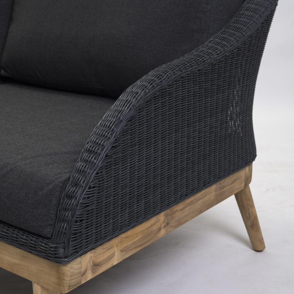 A detail shot of the arm of Harris sofa. Showing the high quality weaving and sweeping curve.