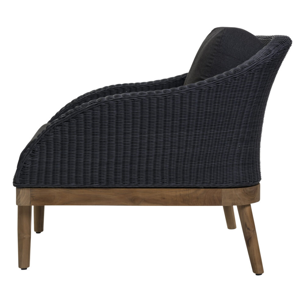 Harris contemporary outdoor armchair in slate weave with teak base and out door pads - Side view