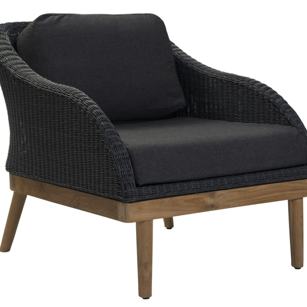 Harris contemporary outdoor armchair in slate weave with teak base and out door pads.