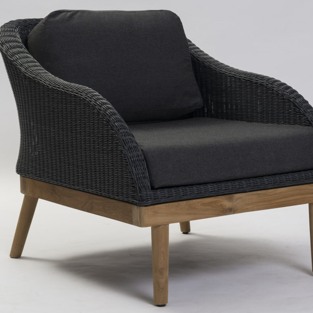 Harris contemporary outdoor armchair in slate weave with teak base and out door pads.