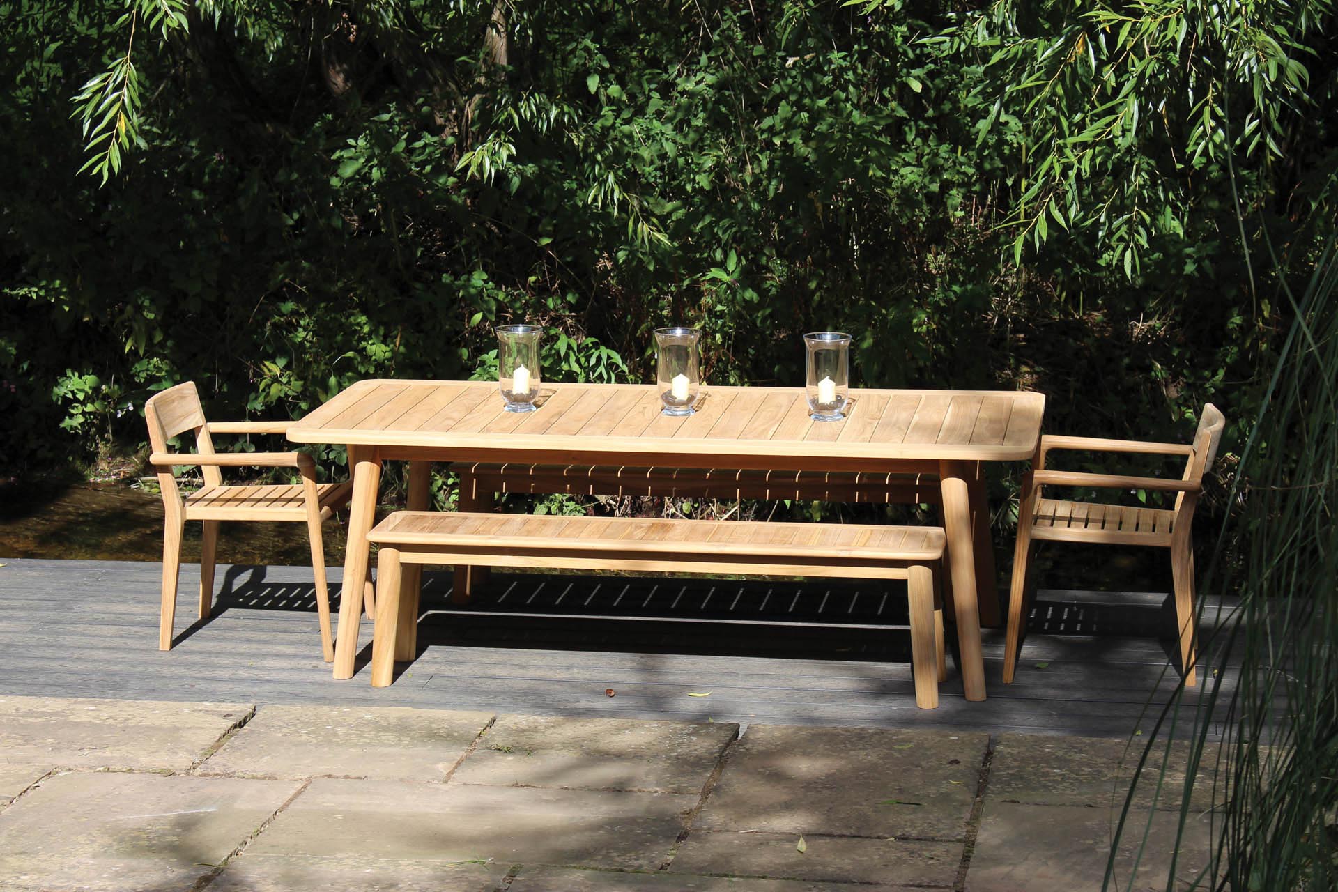 shoreditch outdoor dining range - table bench and armchair in plantation teak