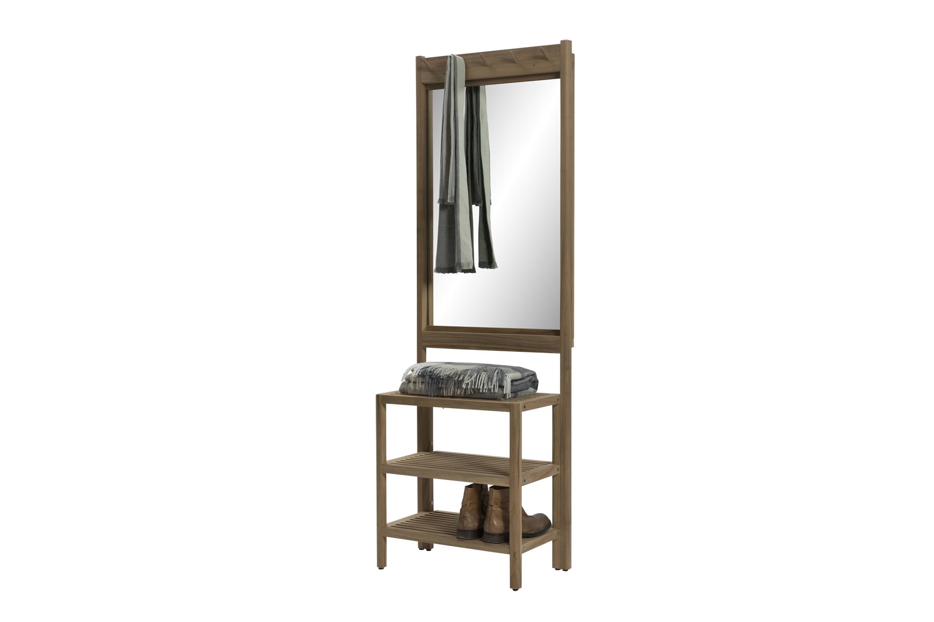 hancock coat and shoe stand with mirror - home storage solution in oiled oak - shown with scarf, blanket and shoes